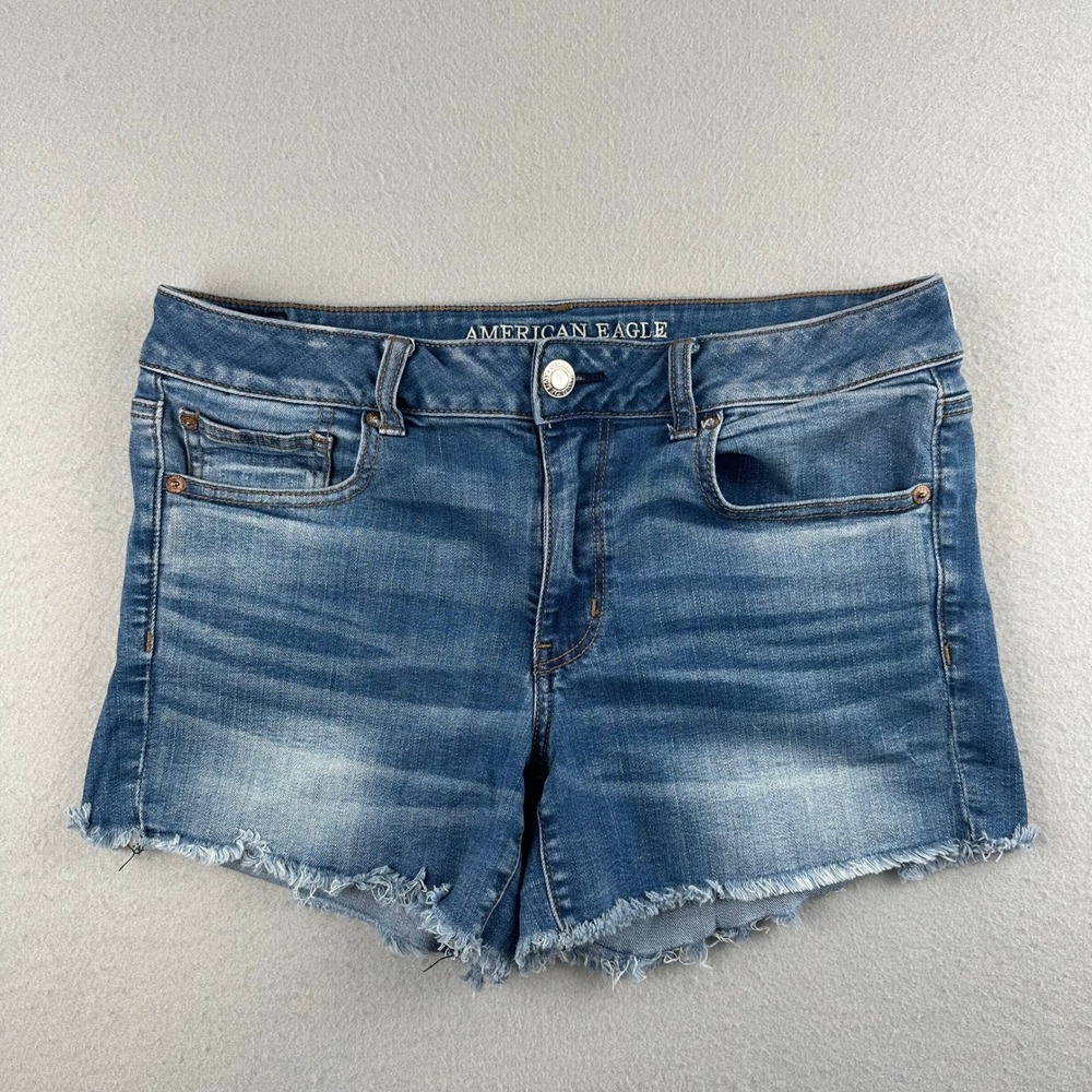 American Eagle Midi Shorts Women 12 Blue Super Stretch Raw Hem Denim Cut Offs